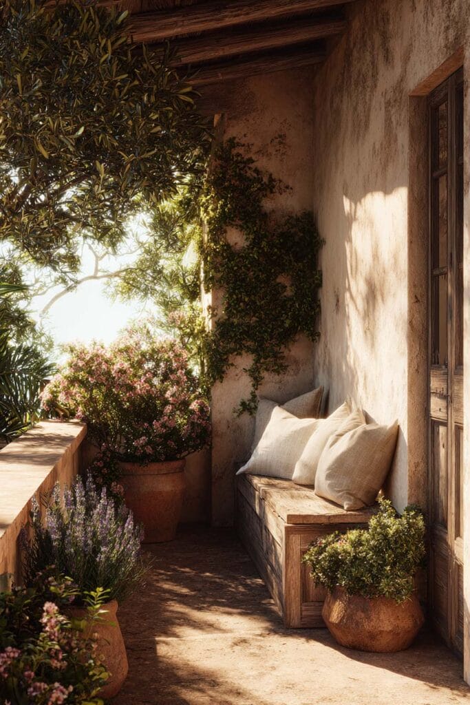Mediterranean balcony with olive tree, rustic wooden bench, terracotta planters, flowering plants, neutral cushions, and warm evening sunlight.