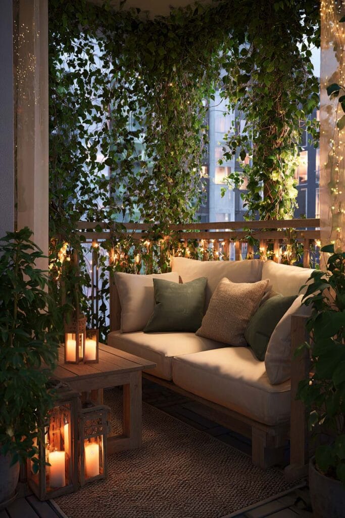 Cozy romantic balcony with cascading vines, outdoor sofa, lantern candles, string lights, and layered plants creating a private evening retreat.