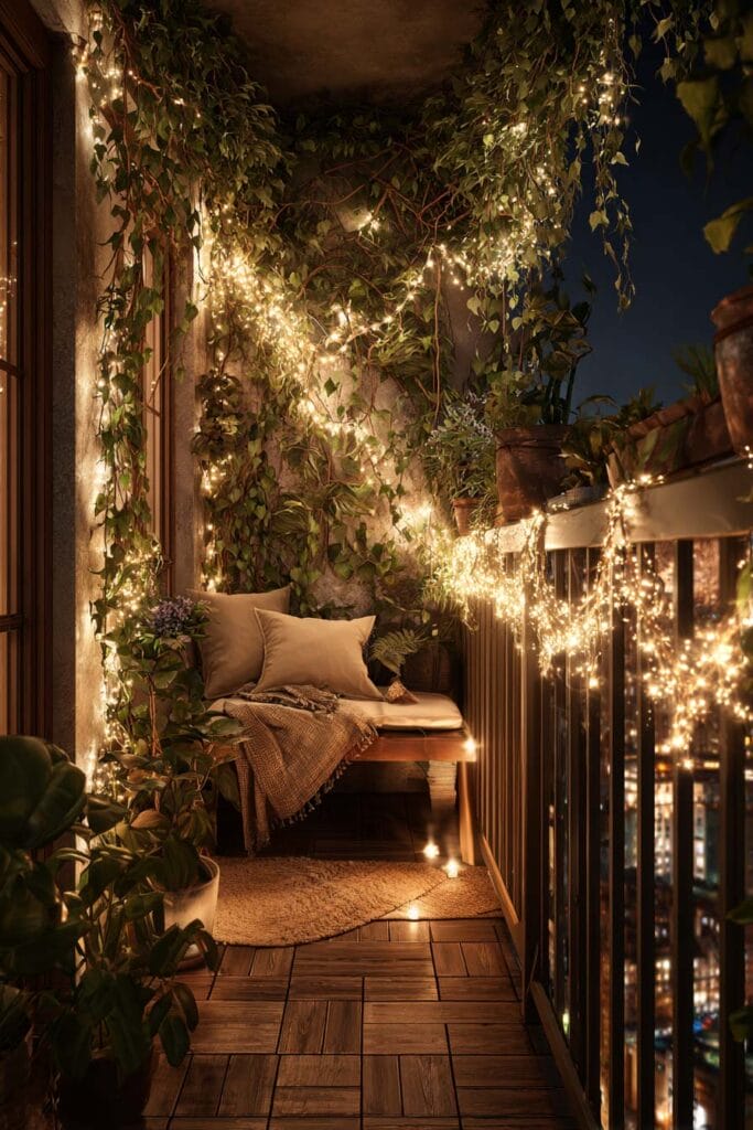 Small balcony with cascading vines, warm fairy lights, cozy bench seating, and lush greenery creating a magical secret garden atmosphere at night.