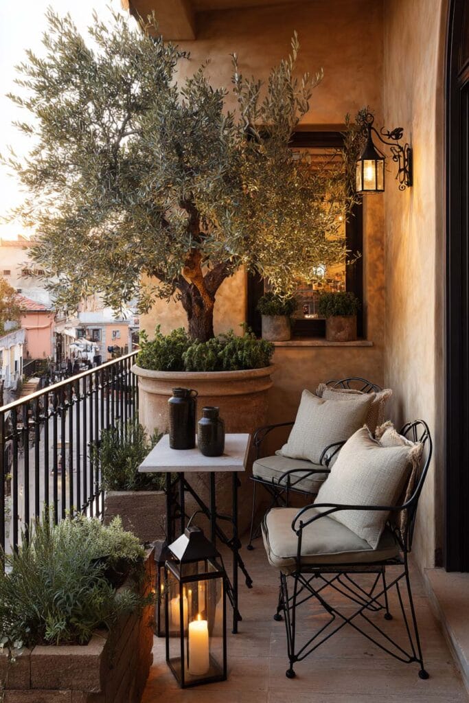 Mediterranean balcony café corner with olive tree planter, wrought iron chairs, lantern lighting, terracotta accents, and warm stucco walls.