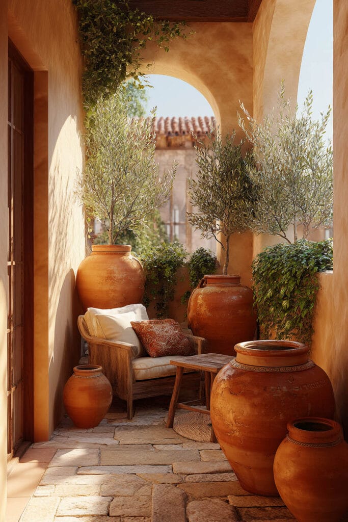 Mediterranean balcony with oversized terracotta pots, olive trees, rustic wooden chair, stone flooring, and warm stucco arches creating a cozy outdoor retreat.
