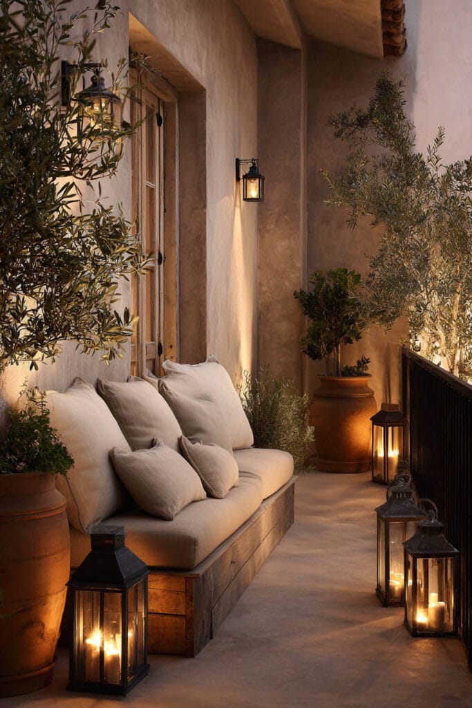 Mediterranean balcony with rustic lanterns, terracotta pots, olive trees, candlelight, cozy outdoor sofa, and warm evening lighting.