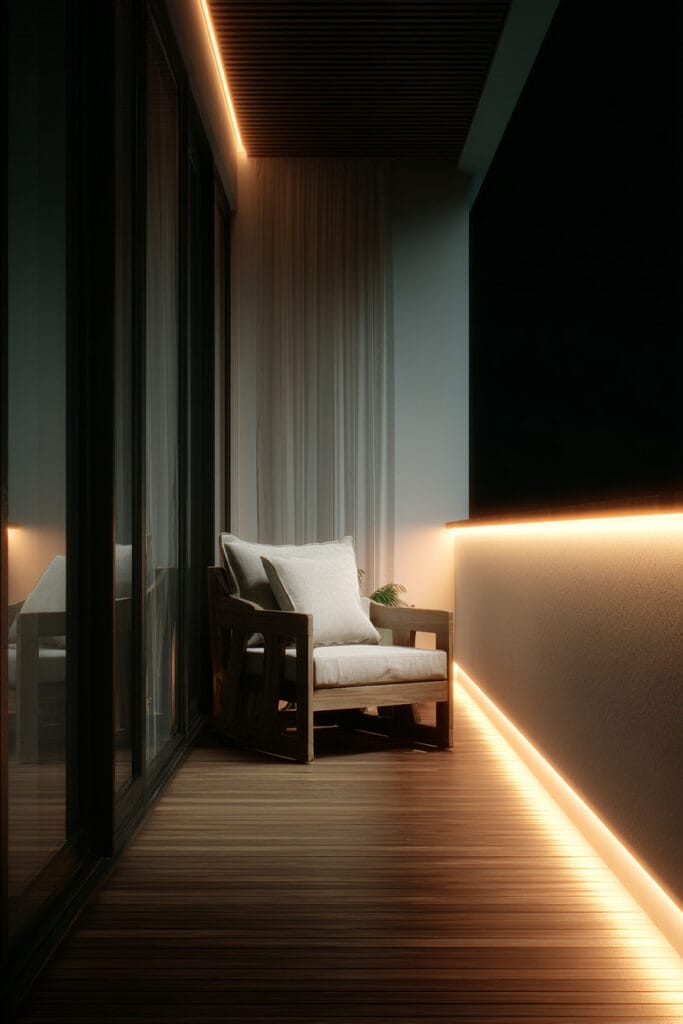 Minimalist small balcony with warm LED strip lighting, modern seating, and clean contemporary design creating a cozy outdoor space at night