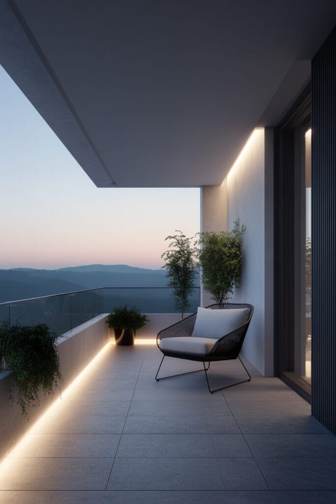 Modern balcony with concealed LED strip lighting, contemporary lounge chair, minimalist design, and panoramic view creating an elevated luxury outdoor space.