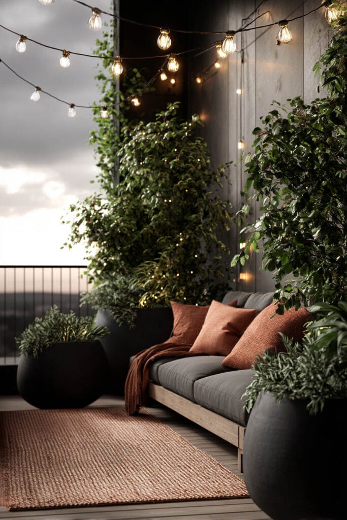 Moody balcony with string lights, lush potted plants, outdoor sofa, rust-colored pillows, and warm ambient lighting.