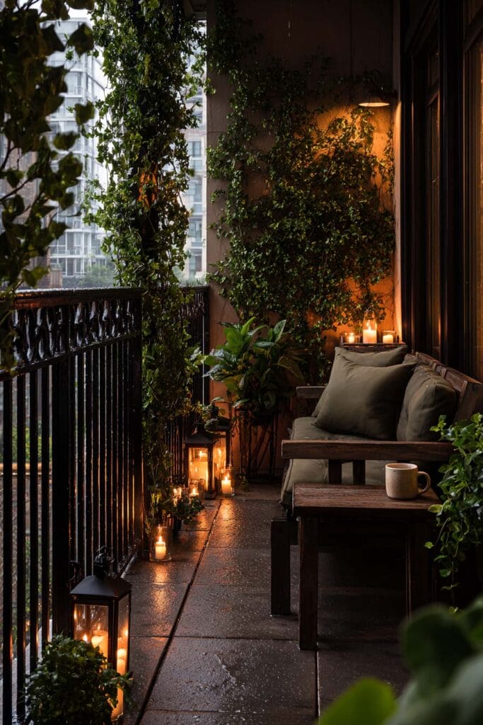 Moody balcony with climbing vines, candle lanterns, warm lighting, rainy evening atmosphere, and cozy outdoor seating.