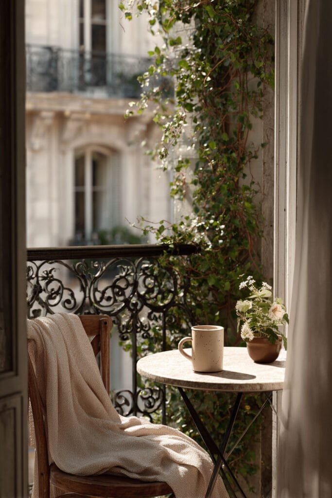 Paris balcony coffee corner with marble café table, climbing ivy, wrought iron railing, and cozy morning atmosphere