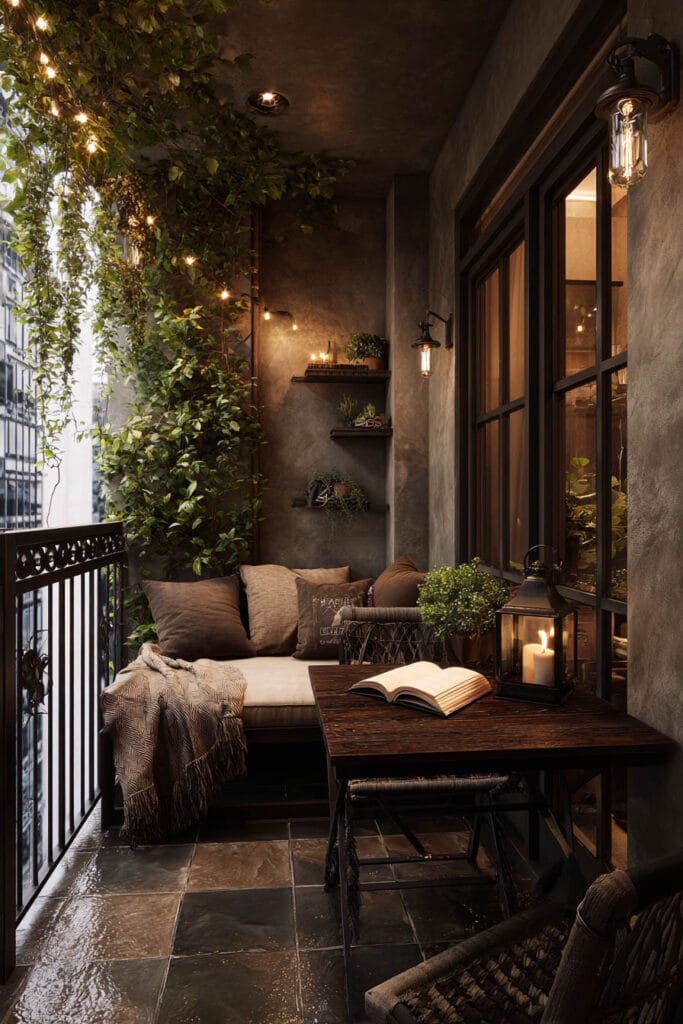 Rainy café-inspired balcony with lantern lighting, cozy seating, greenery, small table, and warm evening ambiance.