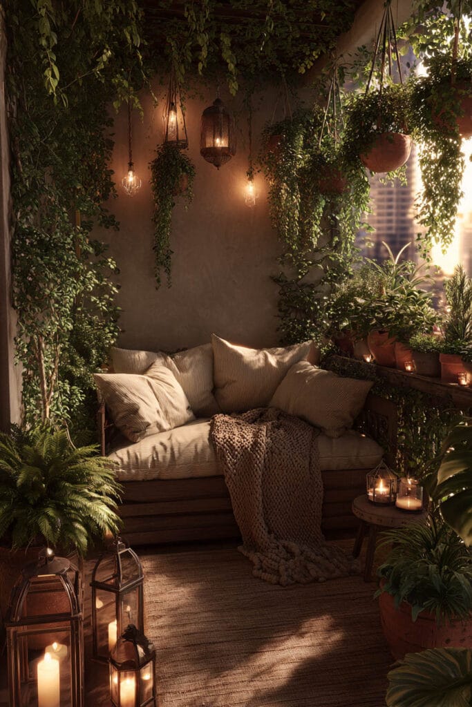 Romantic balcony with layered plants, hanging greenery, lantern lighting, cozy seating, knit throw blanket, and warm evening ambiance.