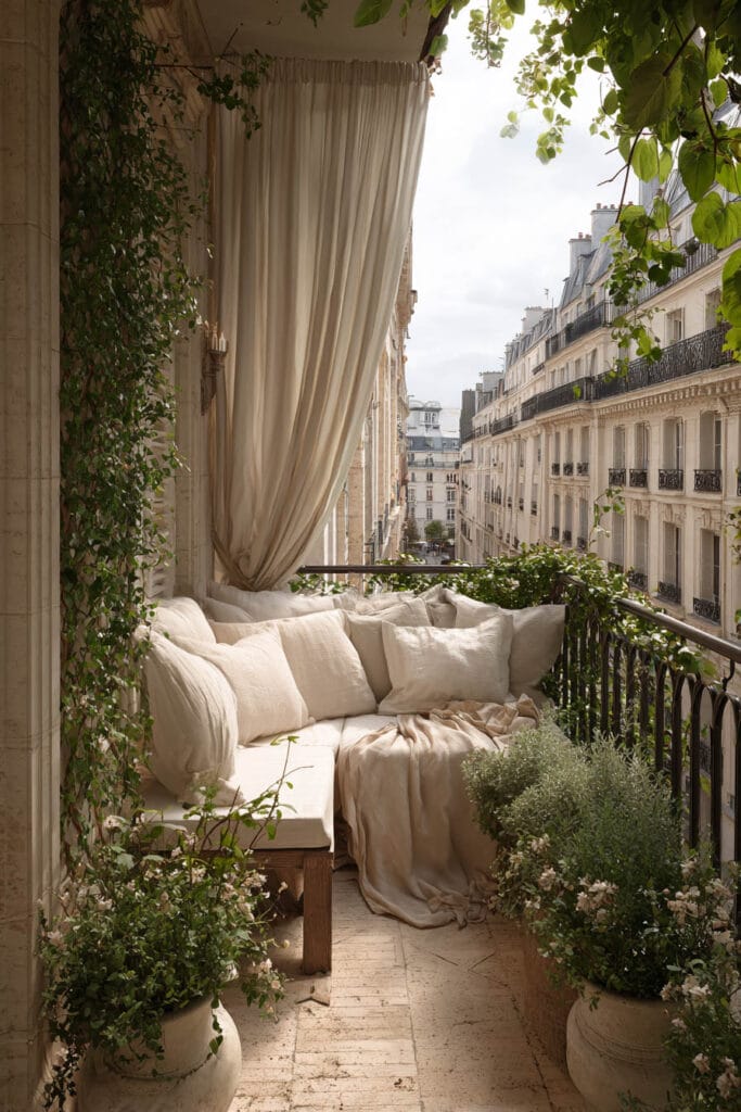 Romantic Paris balcony with linen curtains, cozy cushioned seating, climbing vines, potted flowers, and classic French city views