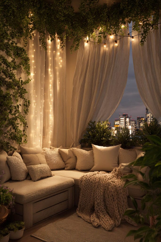 Cozy balcony with sheer curtains, fairy lights, string lights, neutral seating, hanging greenery, and warm evening ambiance.