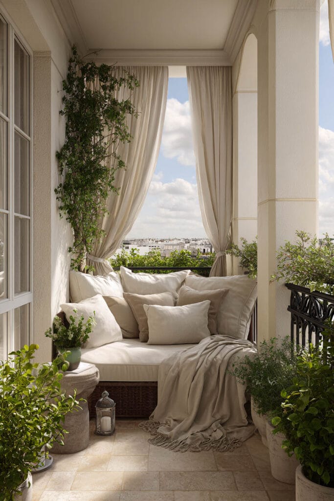 Cozy Paris balcony with linen curtains, neutral cushions, throw blanket, potted greenery, and classic wrought iron railing