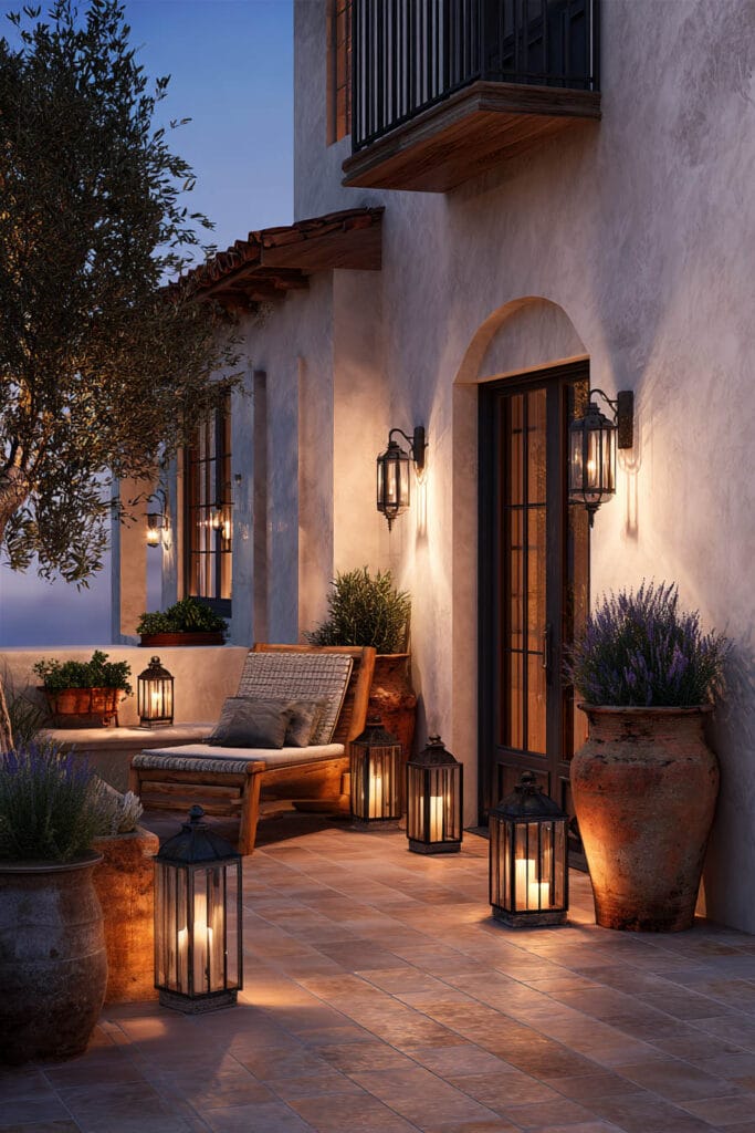 Mediterranean balcony at dusk with rustic lanterns, terracotta pots, lavender plants, wood lounge chair, warm lighting, and Mediterranean outdoor decor.
