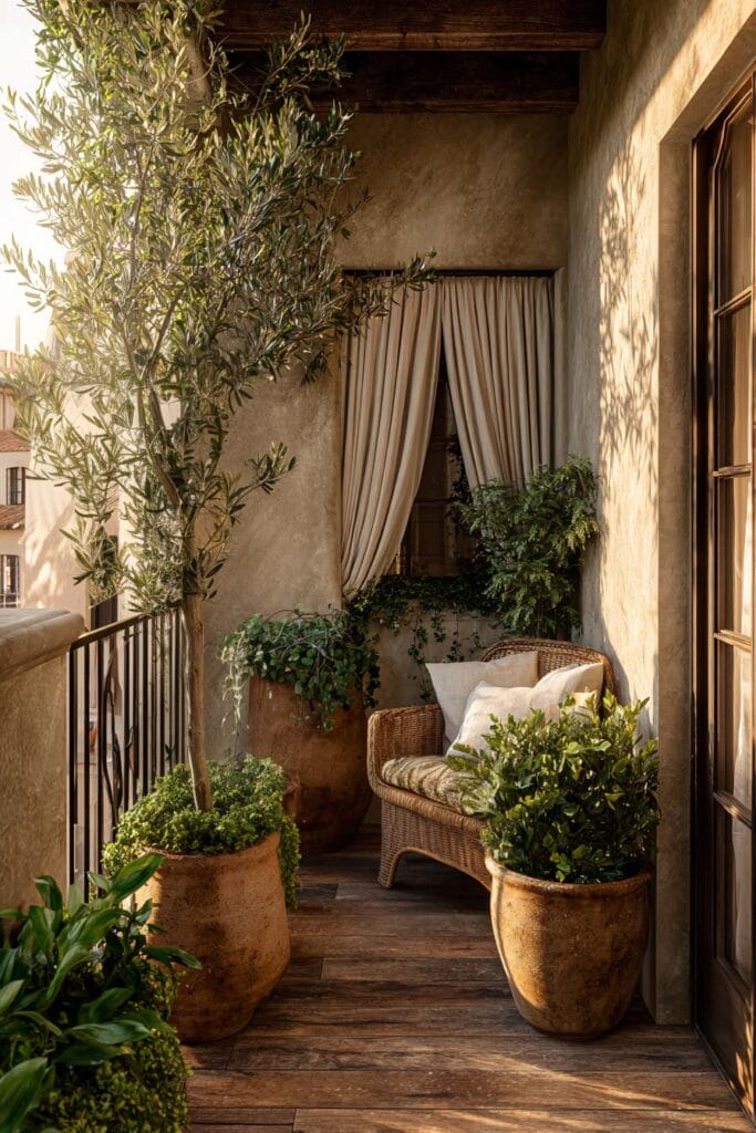 Mediterranean balcony with olive tree, terracotta pots, wicker chair, linen curtains, greenery, and warm rustic outdoor styling.