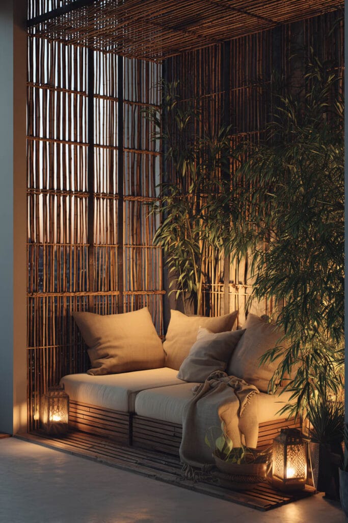 Modern balcony with bamboo privacy screen, warm lantern lighting, neutral outdoor seating, and lush greenery creating a luxurious private retreat.