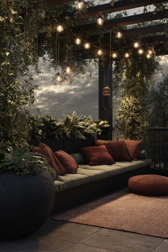Moody balcony with lush greenery, hanging vines, string lights, cozy seating, and warm ambient lighting at dusk.