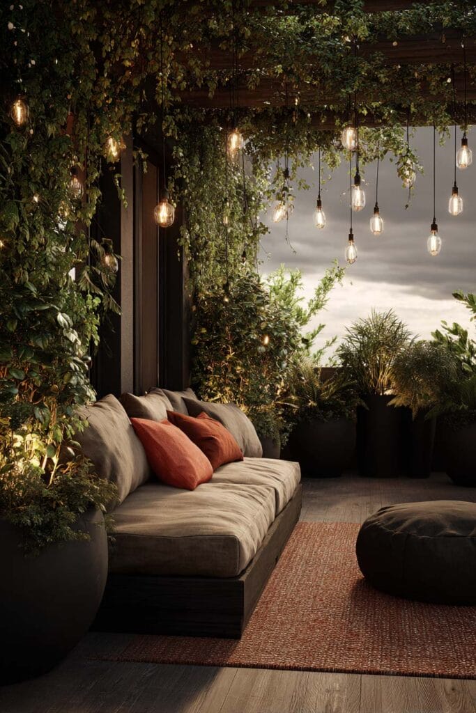 Moody balcony with hanging lights, cascading greenery, outdoor sofa, potted plants, and warm ambient lighting.