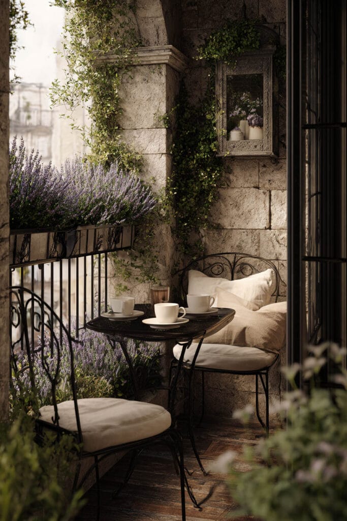 Paris balcony with lavender flowers, wrought iron bistro set, climbing vines, and cozy morning coffee nook