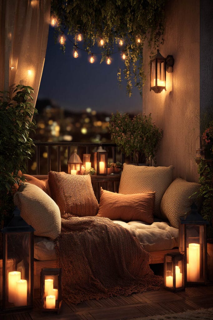 Romantic balcony with candle lanterns, cozy cushions, string lights, warm throw blanket, and soft evening lighting creating a cozy outdoor atmosphere.