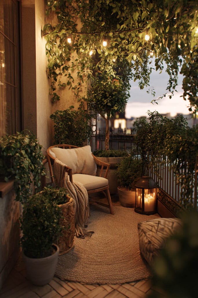 Romantic balcony with layered plants, cozy lounge chair, string lights, lantern candles, and warm evening garden atmosphere.