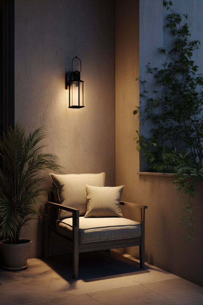 Small balcony with wall-mounted lantern light, cushioned chair, and potted plants creating a warm minimalist outdoor seating area at night