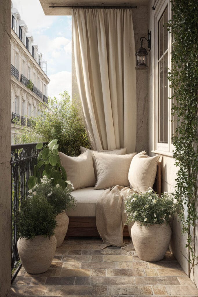 Small French balcony with linen cushions, flowing outdoor curtain, textured ceramic planters, climbing vines, and timeless Parisian-inspired decor.