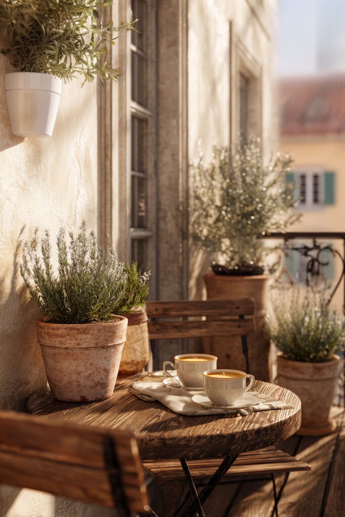 Small Mediterranean balcony café corner with rustic wood bistro table, coffee cups, terracotta pots, lavender, olive tree, and warm natural sunlight.