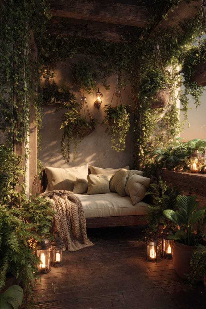 Balcony with layered plants, hanging planters, lantern lighting, climbing vines, cozy neutral seating, and warm evening ambiance.