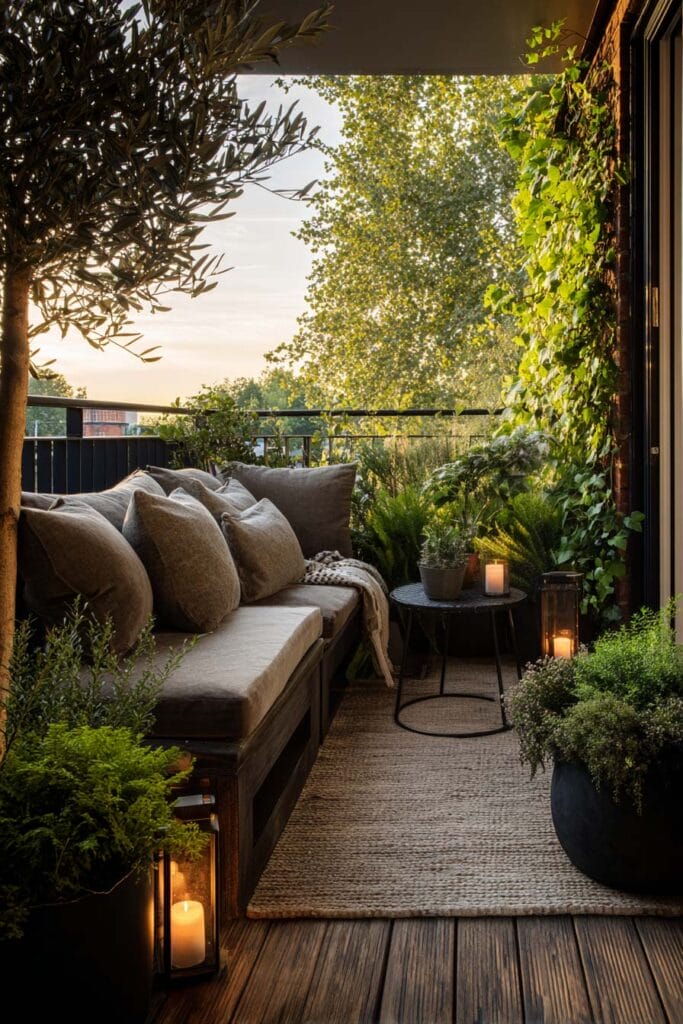 Cozy balcony with lush greenery, candle lanterns, outdoor sofa, climbing vines, and warm sunset lighting.