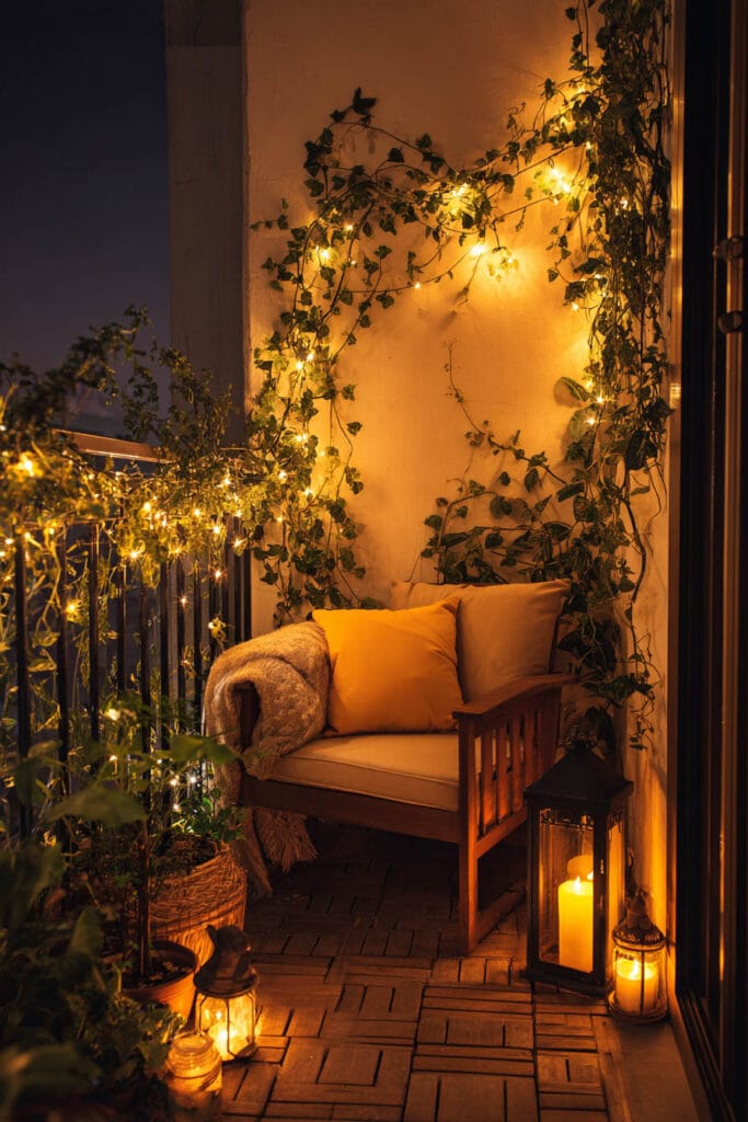 Cozy balcony seating area with lanterns, fairy lights, climbing vines, and a cushioned wooden bench creating a warm nighttime outdoor retreat.