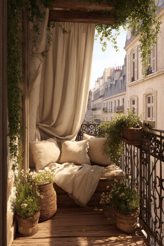 French balcony with linen curtains, cozy cushioned seating, woven baskets, wrought iron railing, climbing greenery, and classic Parisian decor.
