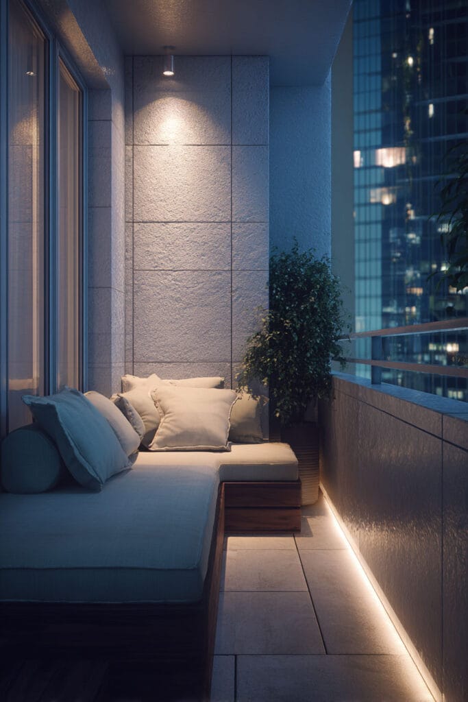 Modern luxury balcony with built-in lounge seating, concealed LED lighting, textured wall panels, and city skyline views at night.
