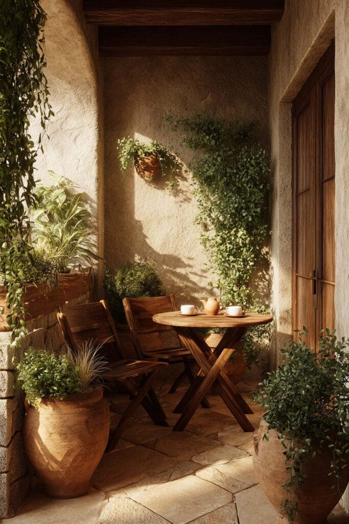 Mediterranean balcony café corner with wooden bistro table, terracotta pots, climbing plants, rustic chairs, and warm sunlit outdoor seating.