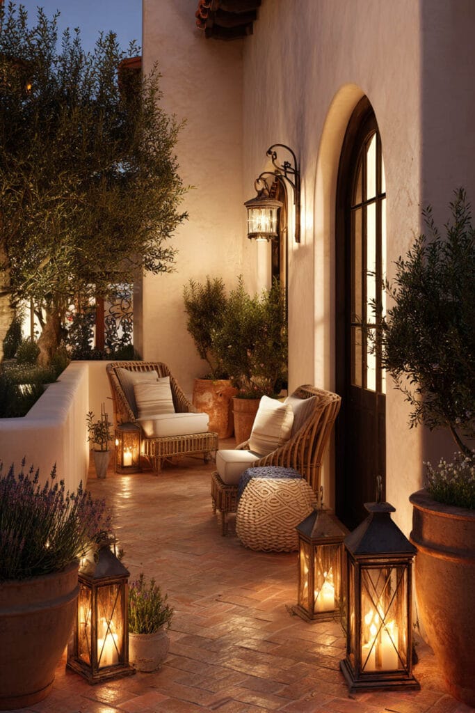 Mediterranean balcony with rustic lanterns, terracotta pots, olive trees, woven chairs, candlelight, and warm evening outdoor decor.