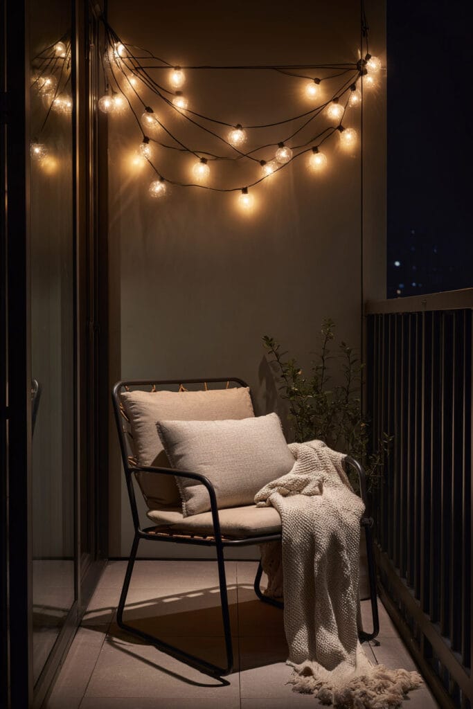 Small balcony with globe string lights, cozy chair, neutral cushions, and soft blanket creating a warm minimalist outdoor seating area at night