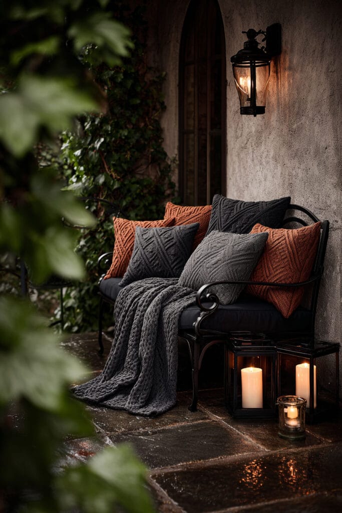 Moody balcony with textured pillows, knit throw blanket, candle lanterns, wrought iron bench, and warm ambient lighting.