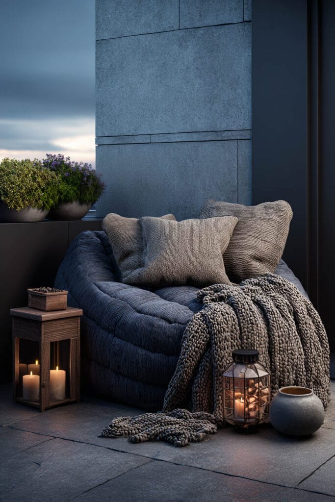 Moody balcony with oversized floor cushion, chunky knit blanket, neutral pillows, candle lanterns, and cozy layered textures.