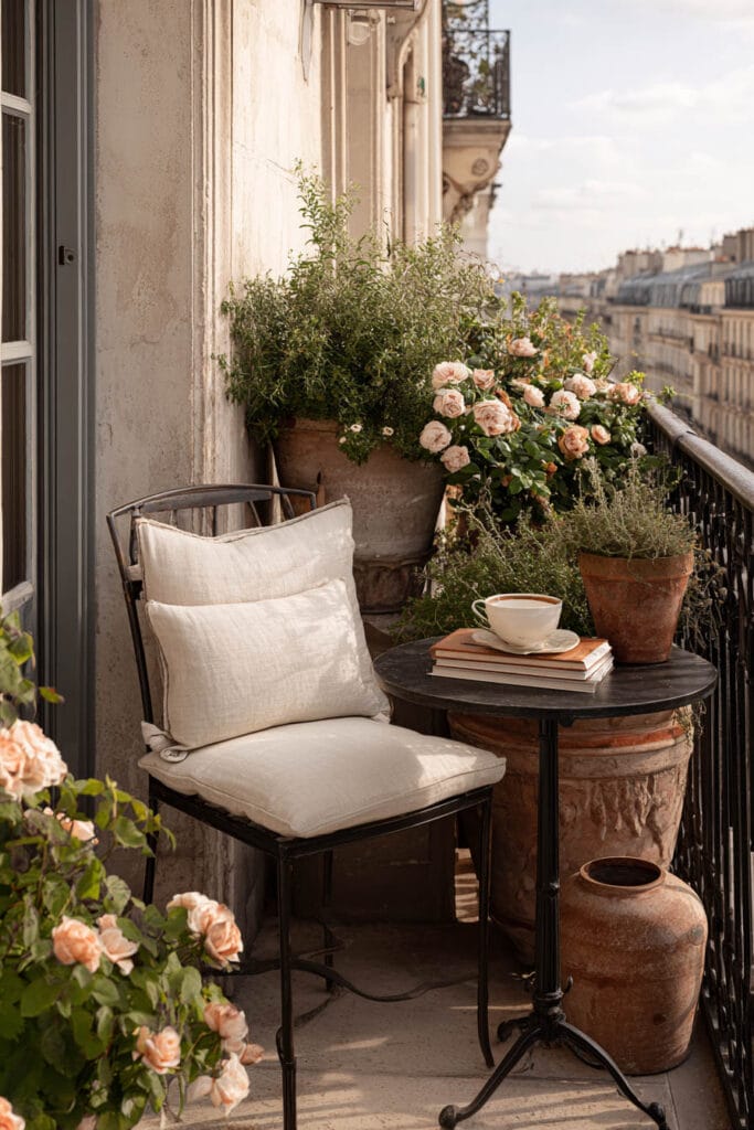 Paris balcony coffee nook with linen chair, roses, terracotta pots, café table, and city views