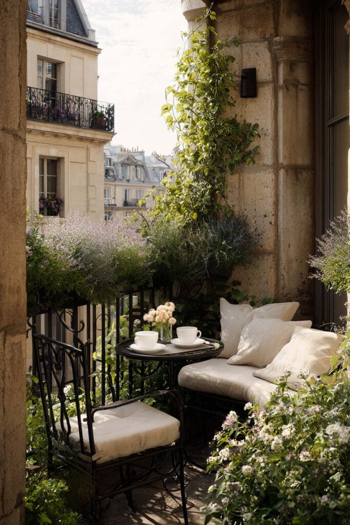 Paris balcony coffee corner with cushioned bench, wrought iron bistro table, flower-filled planters, and morning sunlight