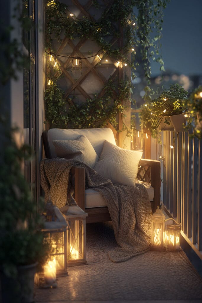 Romantic balcony chair with candle lanterns, string lights, cozy throw blanket, and warm evening outdoor lighting.