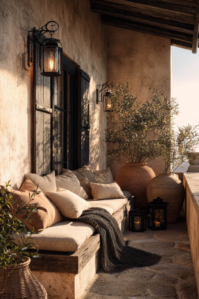 Mediterranean balcony with built-in bench seating, linen cushions, olive trees in terracotta pots, weathered wood accents, lanterns, and warm sun-washed textures.