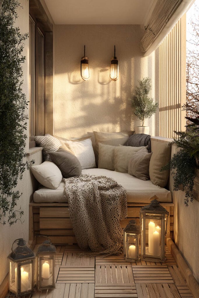 Small romantic balcony with warm neutral decor, beige cushions, knit throw blanket, candle lanterns, and cozy built-in seating.