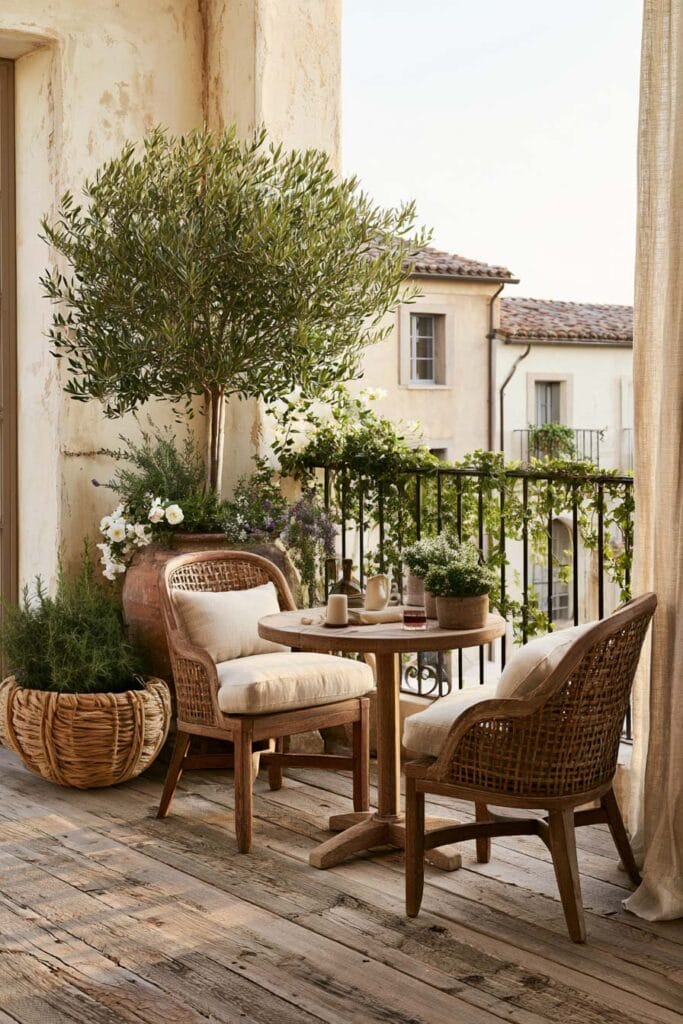 Beautiful European balcony with woven café chairs, a rustic wood table, olive tree, linen curtains, climbing vines, and warm Italian courtyard-inspired decor.