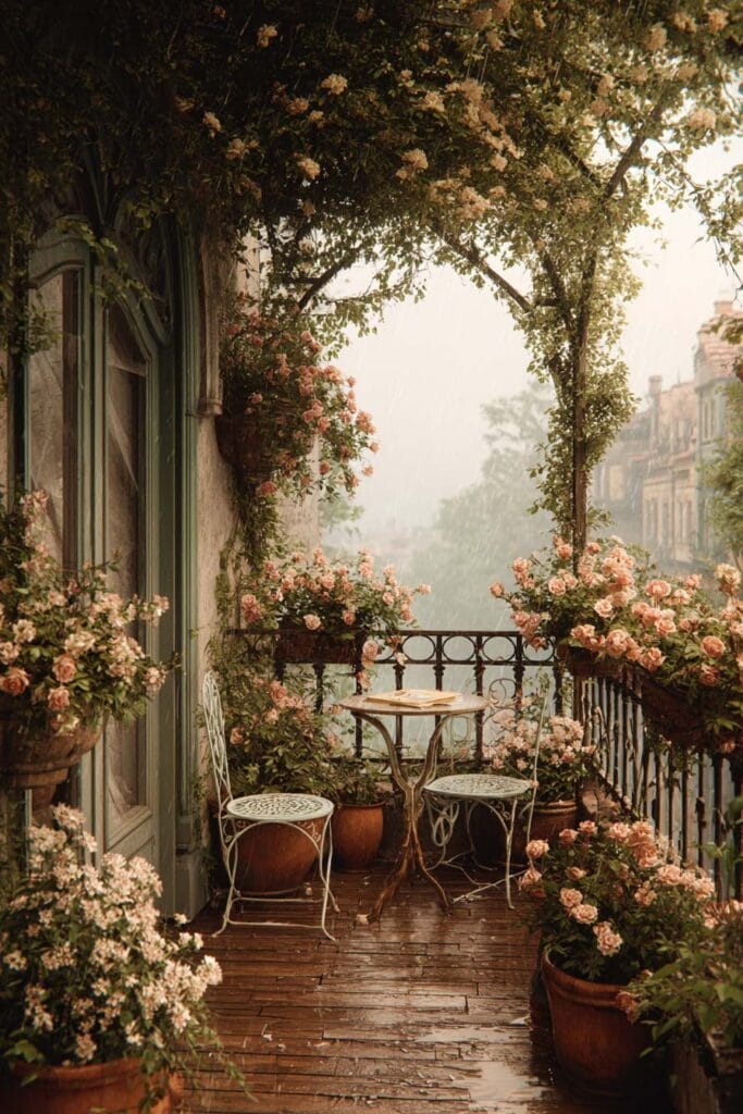 A romantic cottagecore balcony decorated with overflowing blush pink flowers, terracotta planters, climbing vines, a vintage bistro table, wrought iron chairs, and warm wooden flooring on a peaceful rainy day.