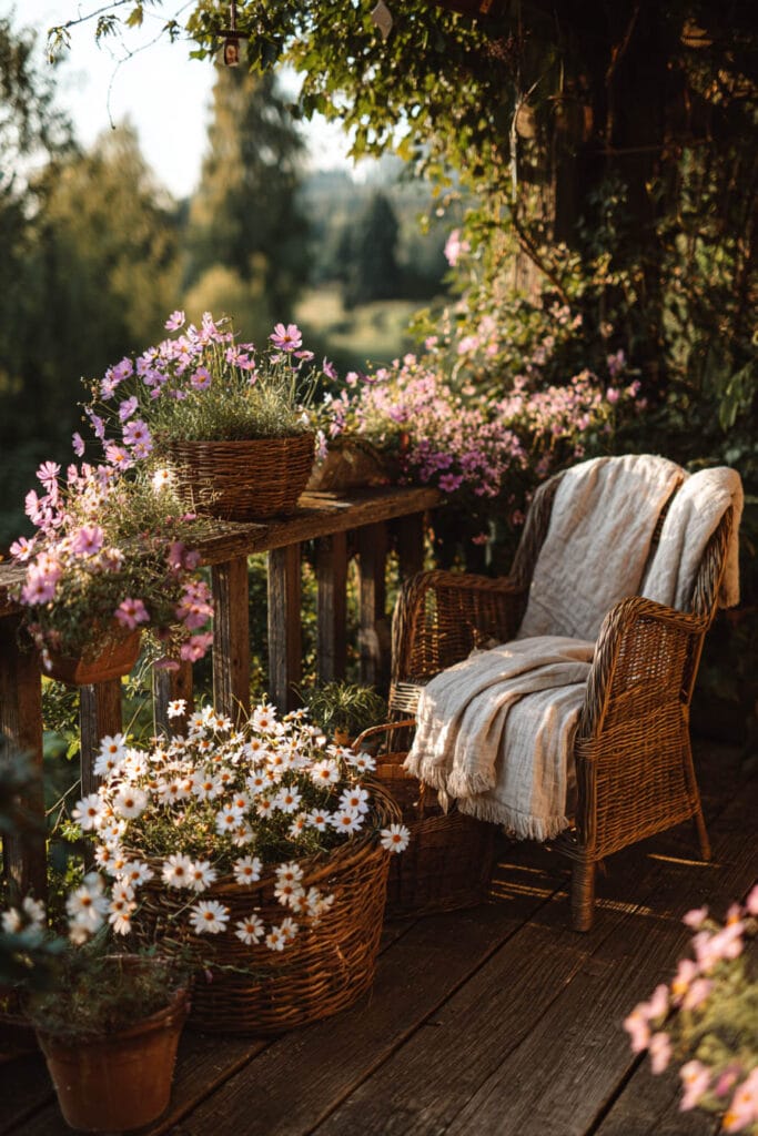 A cozy cottagecore balcony with wicker seating, overflowing baskets of daisies and pink flowers, climbing vines, rustic wood decking, and a soft linen throw creating a vintage-inspired outdoor retreat.