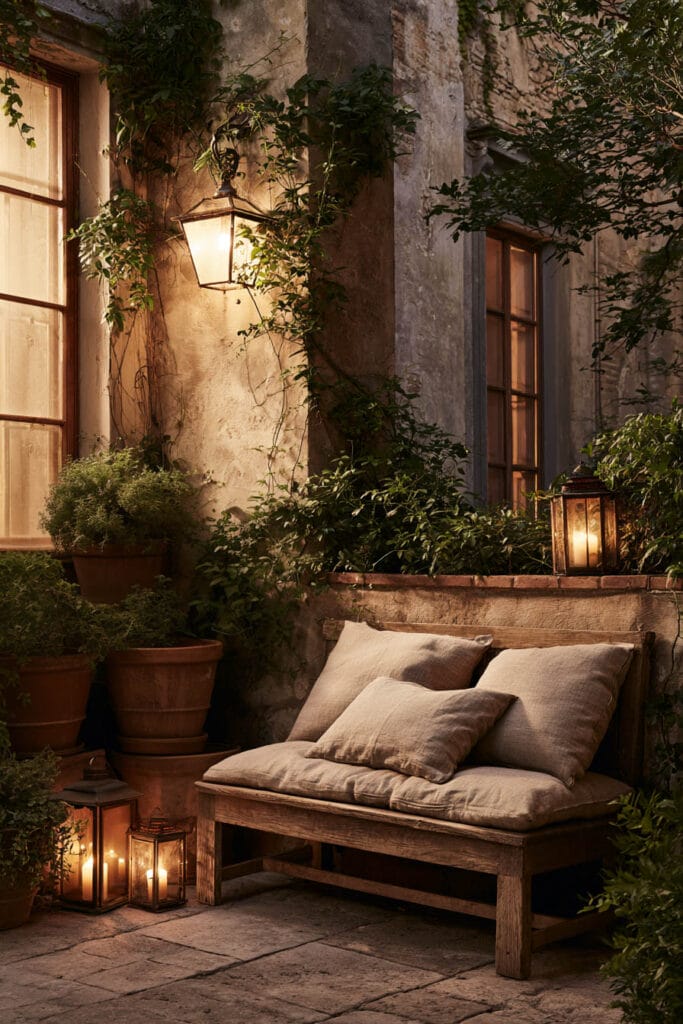 Cozy European balcony with rustic wooden bench, linen cushions, glowing lanterns, climbing vines, terracotta planters, and weathered stone walls creating a hidden Italian courtyard retreat.