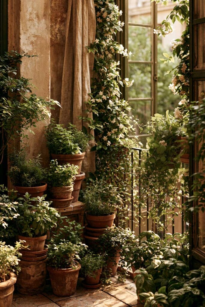 Hidden secret garden balcony with layered terracotta planters, flowering climbing vines, rustic European walls, and warm sunlight creating a cozy outdoor escape.