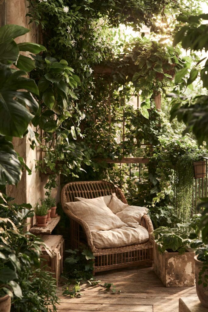 Lush balcony garden with layered climbing vines, hanging plants, oversized tropical foliage, and a cozy rattan chair creating a secret outdoor retreat on a small balcony.