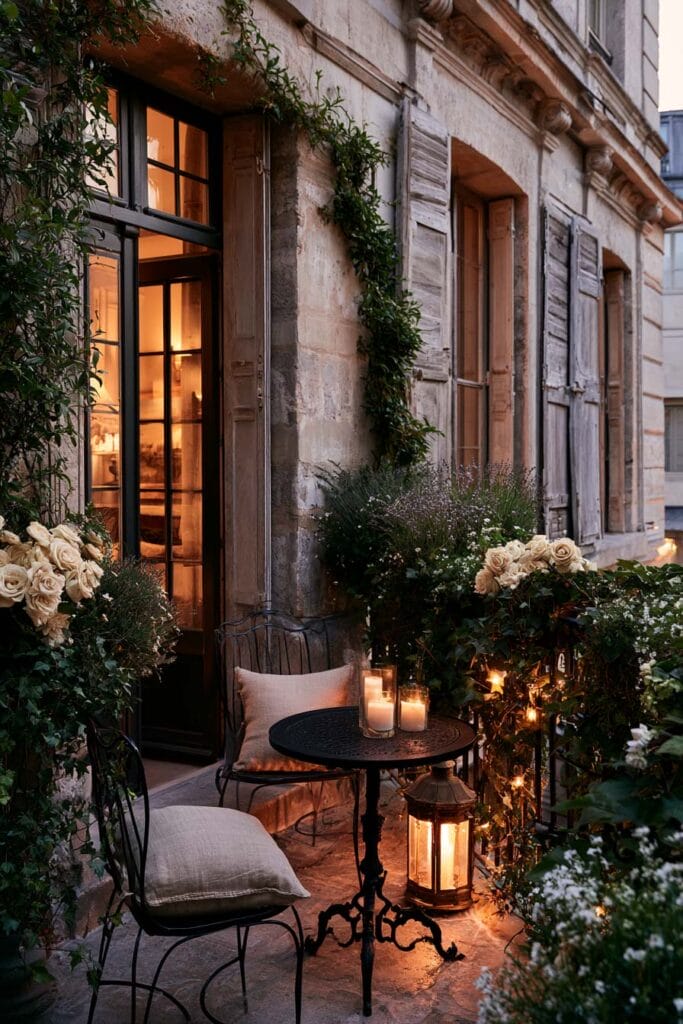 Romantic European balcony with a wrought iron café table, lanterns, candlelight, climbing vines, white roses, and historic stone architecture creating a cozy Parisian-inspired outdoor retreat.
