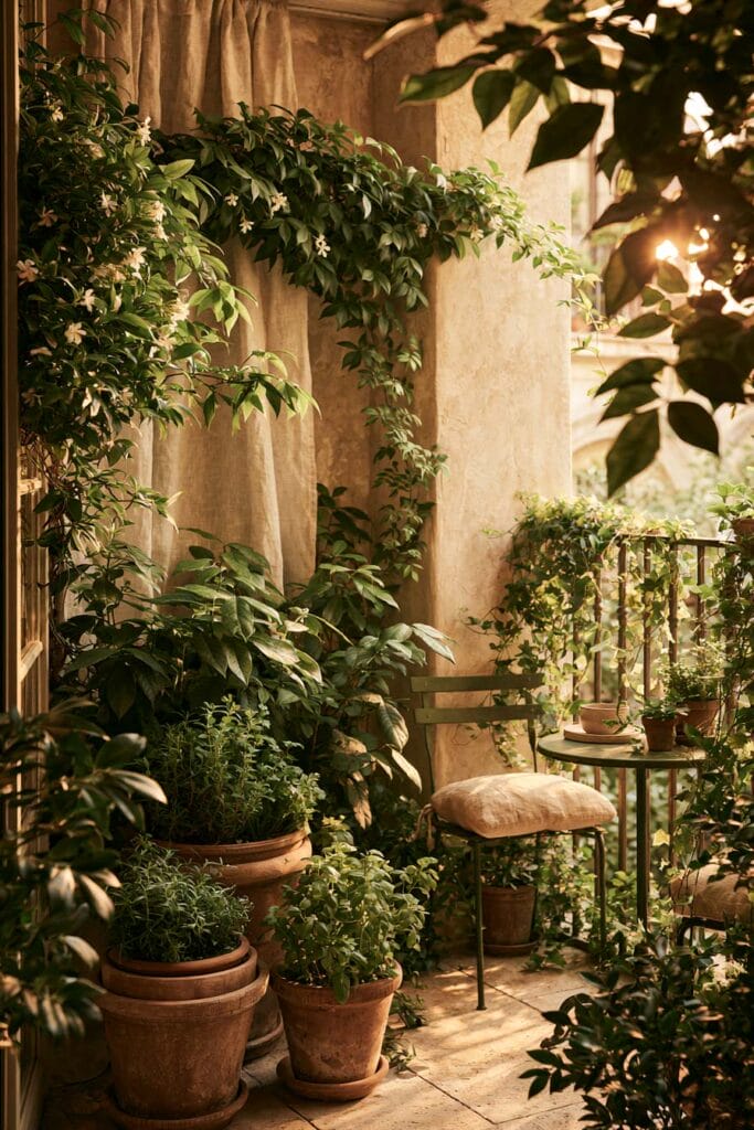 Secret garden balcony with layered greenery, climbing vines, terracotta planters, linen curtains, and a cozy European café table.